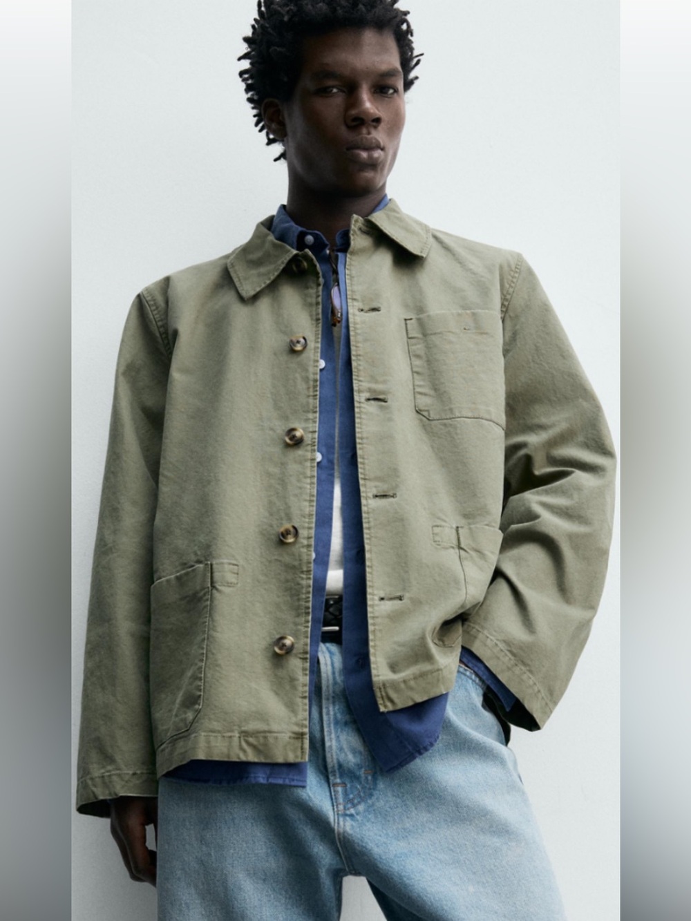 Zara Men's Olive Green Field Jacket with Contrast Stitching